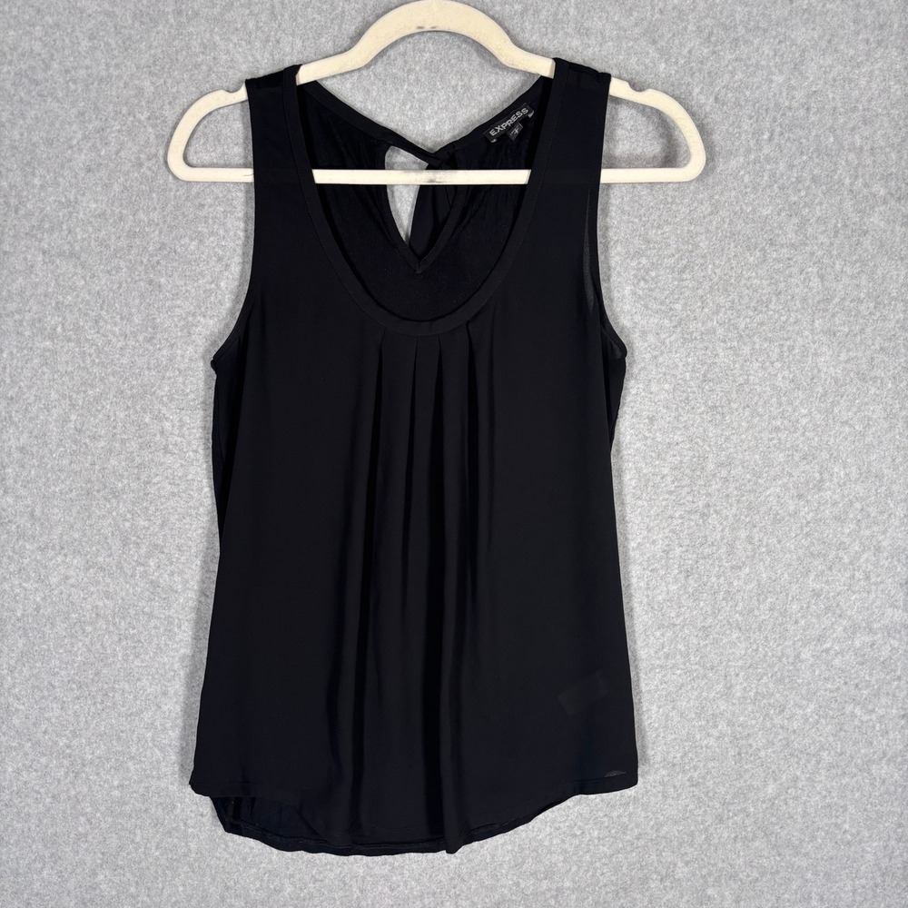 Express Pleated Sheer Blouse Tank Top Small Black Keyhole Tie Back Sleeveless
